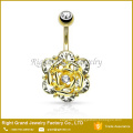 Gold Plated Surgical Steel Gems CZ Flower Pattern Navel Belly Ring